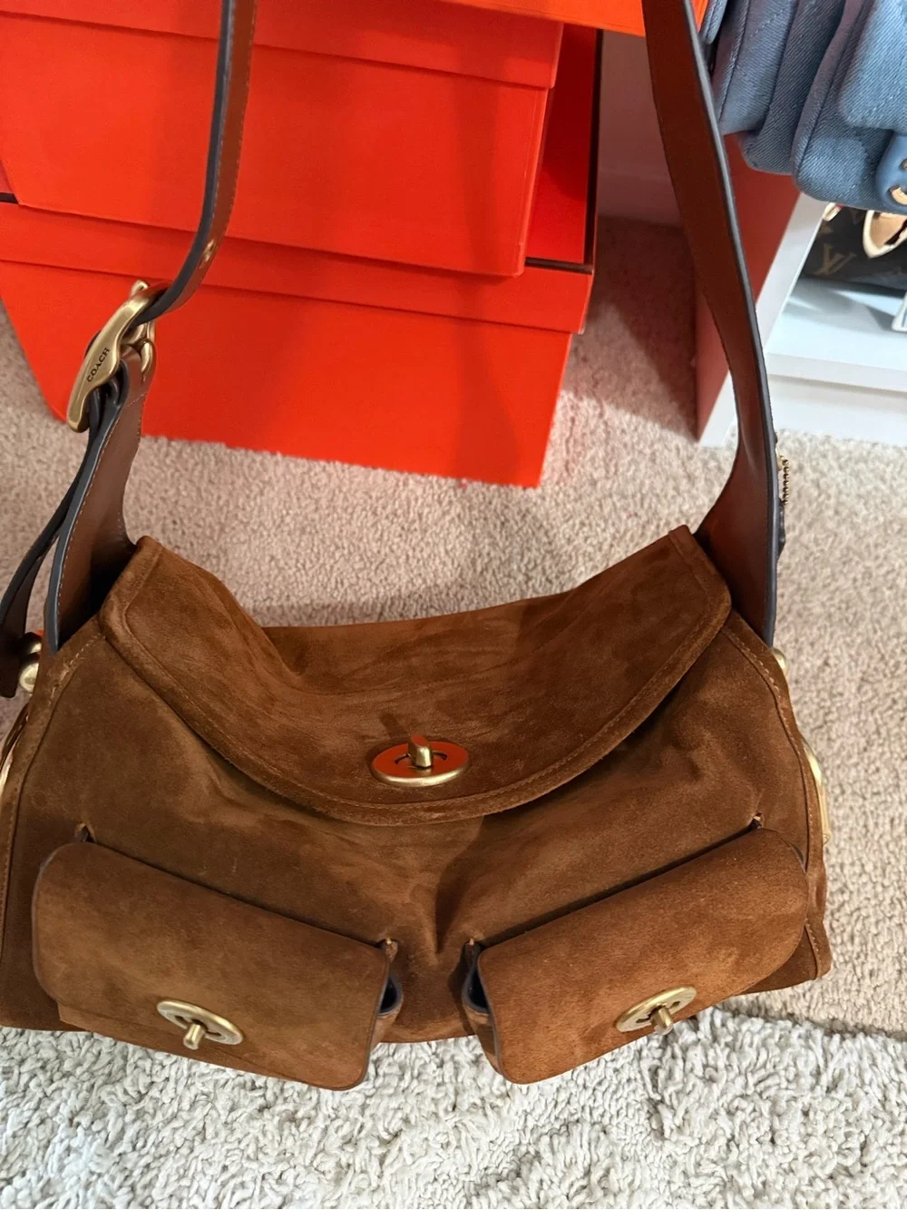 Coach Brown Suede Shoulder Bag with Front Pockets